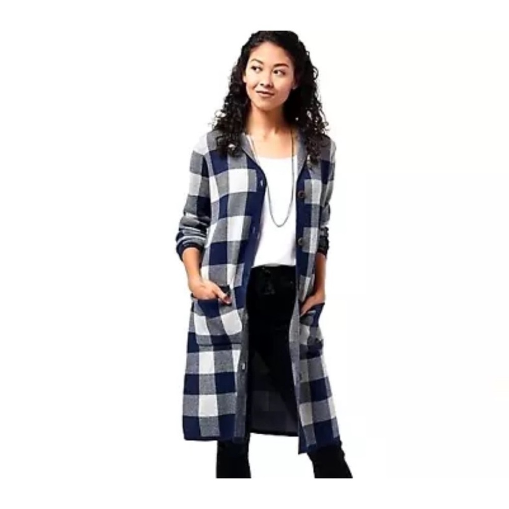 D&Co Navy White Buffalo Plaid Hooded Long Cardigan Size 2X